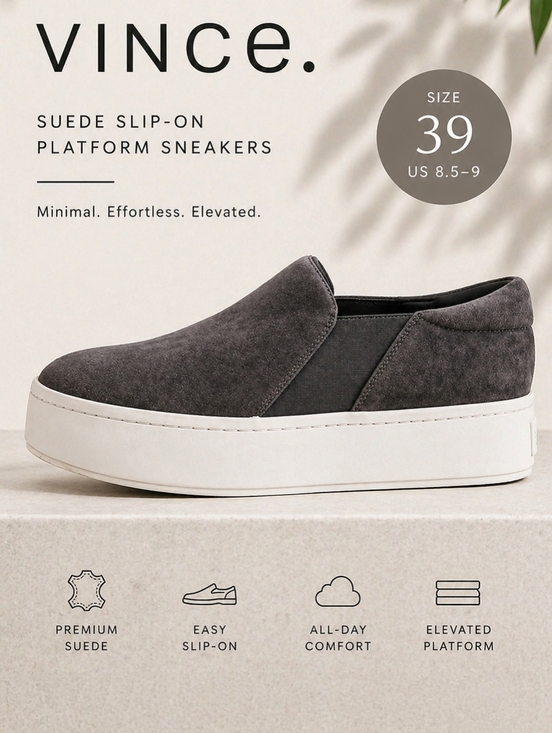 Vince Shoes - VINCE Gray Suede Platform Slip-On Sneakers Sz 39 (US 8.5–9) Minimal Luxe Casual